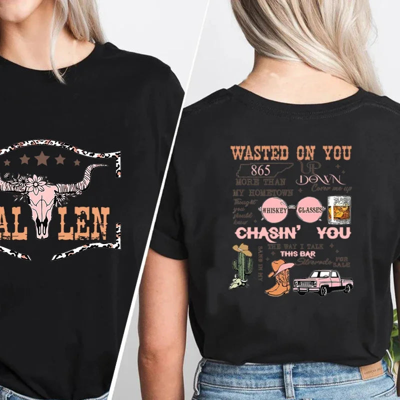 Retro Wallen Bull Skull Distressed T Shirt Cowboy Country Music Western Cowgirl Short Sleeve Tee Shirt Summer Woman T-shirt